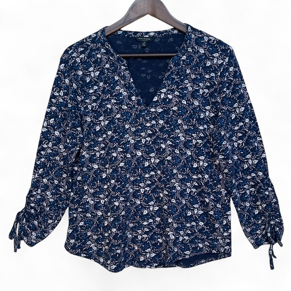 Lucky Brand Womens Navy Blue Floral Split V-Neck Top Ruched Tie Sleeve Size M